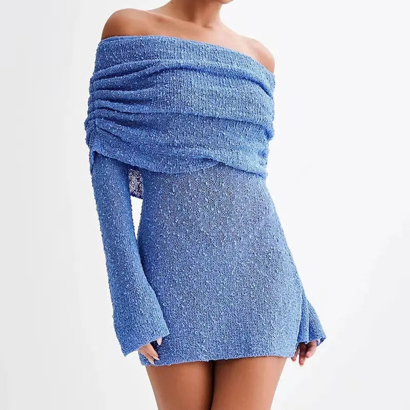 Blue Off-Shoulder Foldover Neck Mini Dress - Bell Sleeve Knit Bodycon Dress