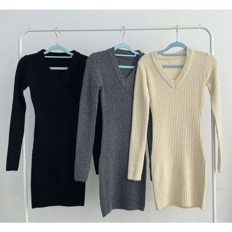 V Neck Ribbed Knit Mini Dress