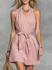 Deep V Halter Self Tie Waist Wrap Mini Dress