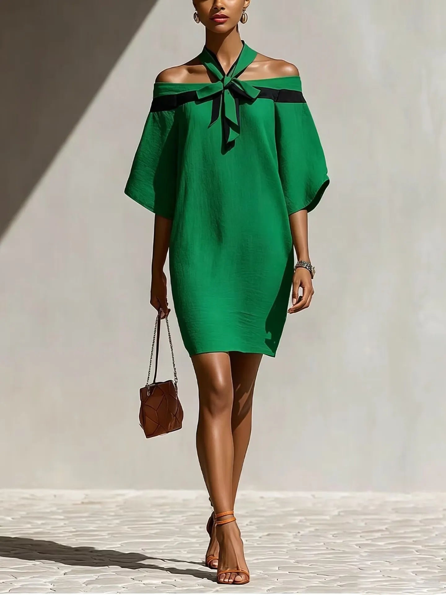 Off Shoulder Bow Tie Contrast Trim Batwing Sleeve Mini Dress