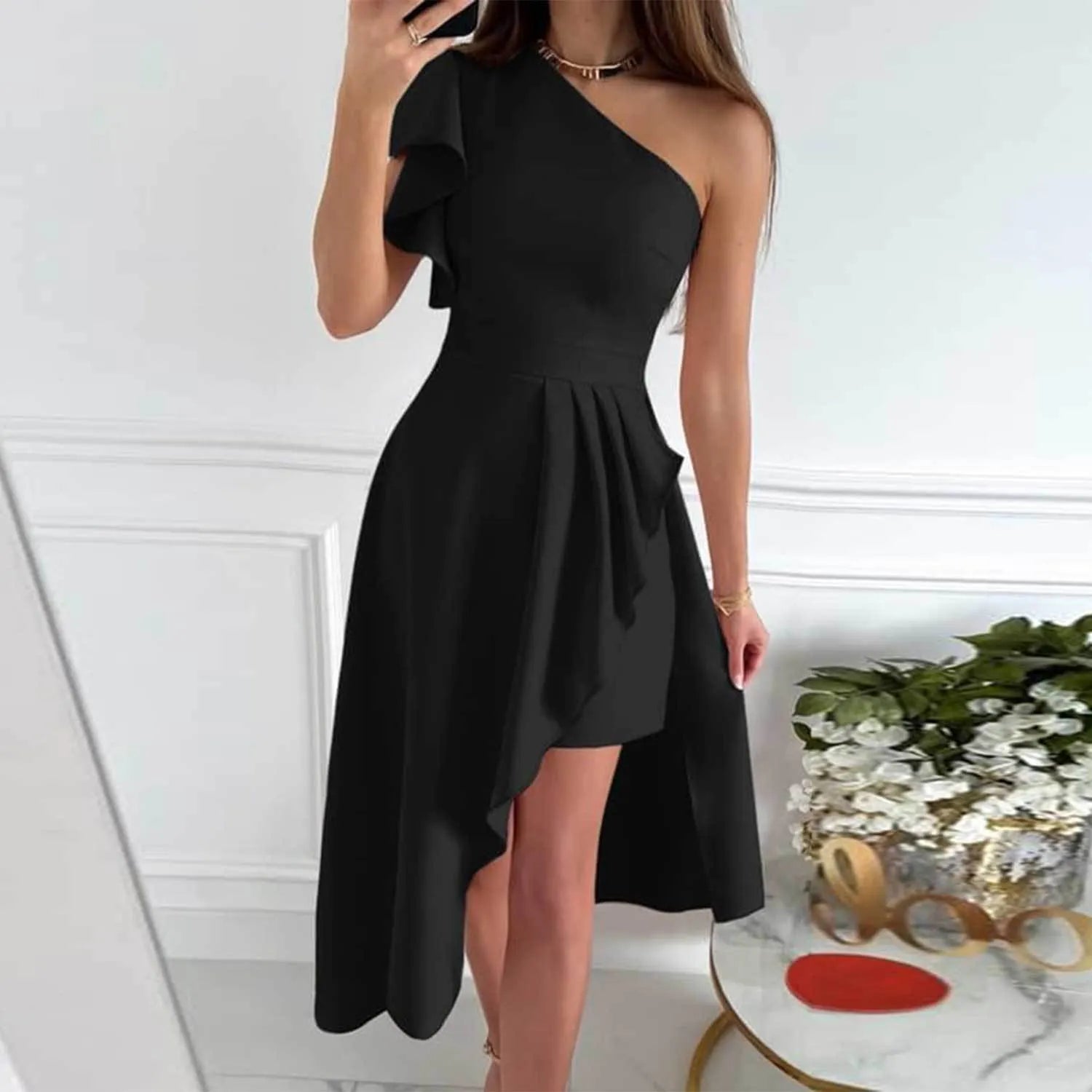 One Shoulder Ruffle Asymmetrical Hem Cocktail Dress