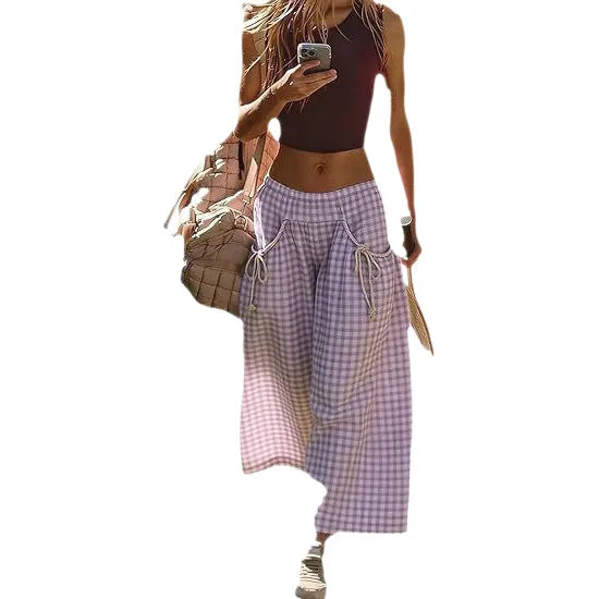 Plaid Drawstring Wide Leg Cropped Pants