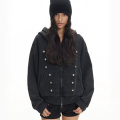 Oversized Hooded Sweatshirt Jacket, Dark Wash Decor Button Front Zip Up Hoodie