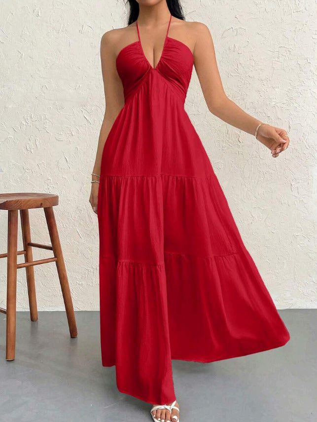 White Halter V-Neck Tiered Maxi Dress