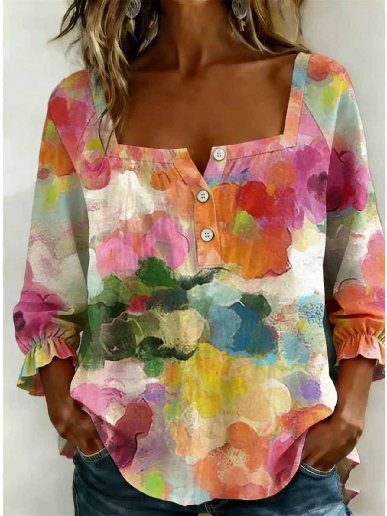 Plaid Square Neck Button Front Bubble 7/4 Sleeve Loose Casual Blouse