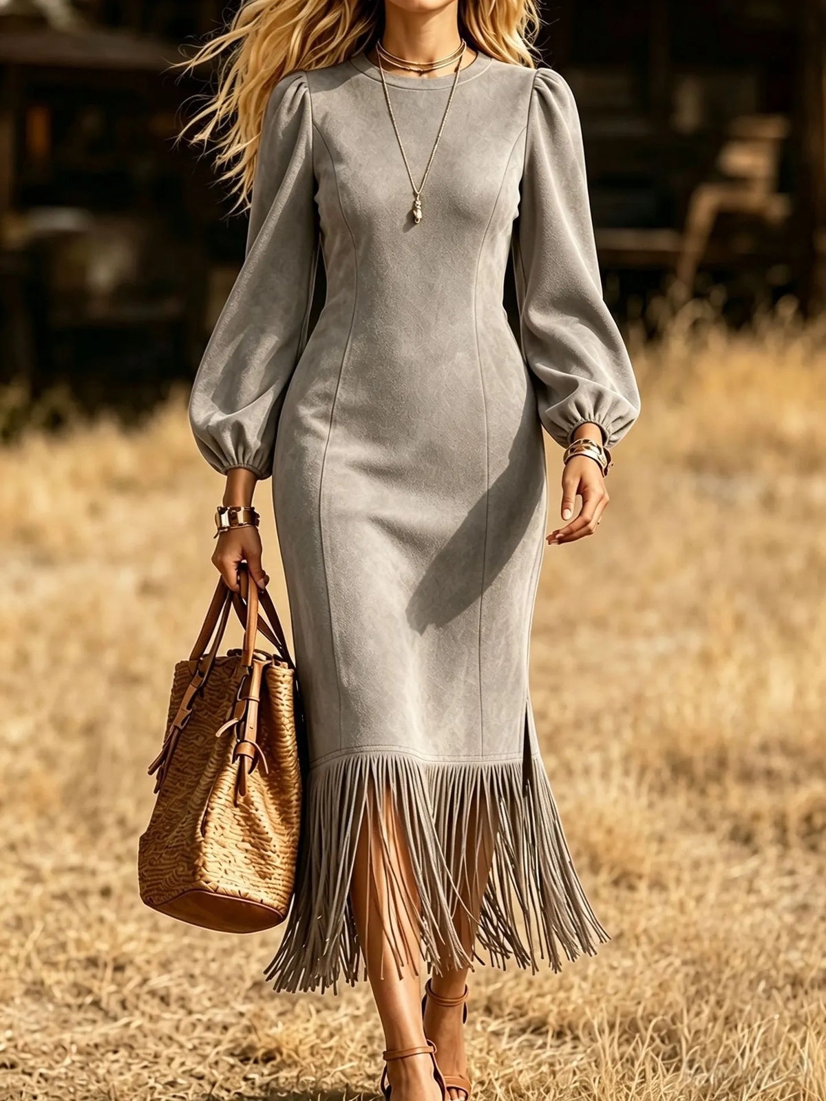 Fall Western Style Burgundy Faux Suede Dress Puff Sleeve Fringe Trim Side Slit Midi Dress for Women