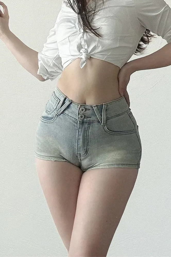Retro Mid Waist Zip Denim Shorts