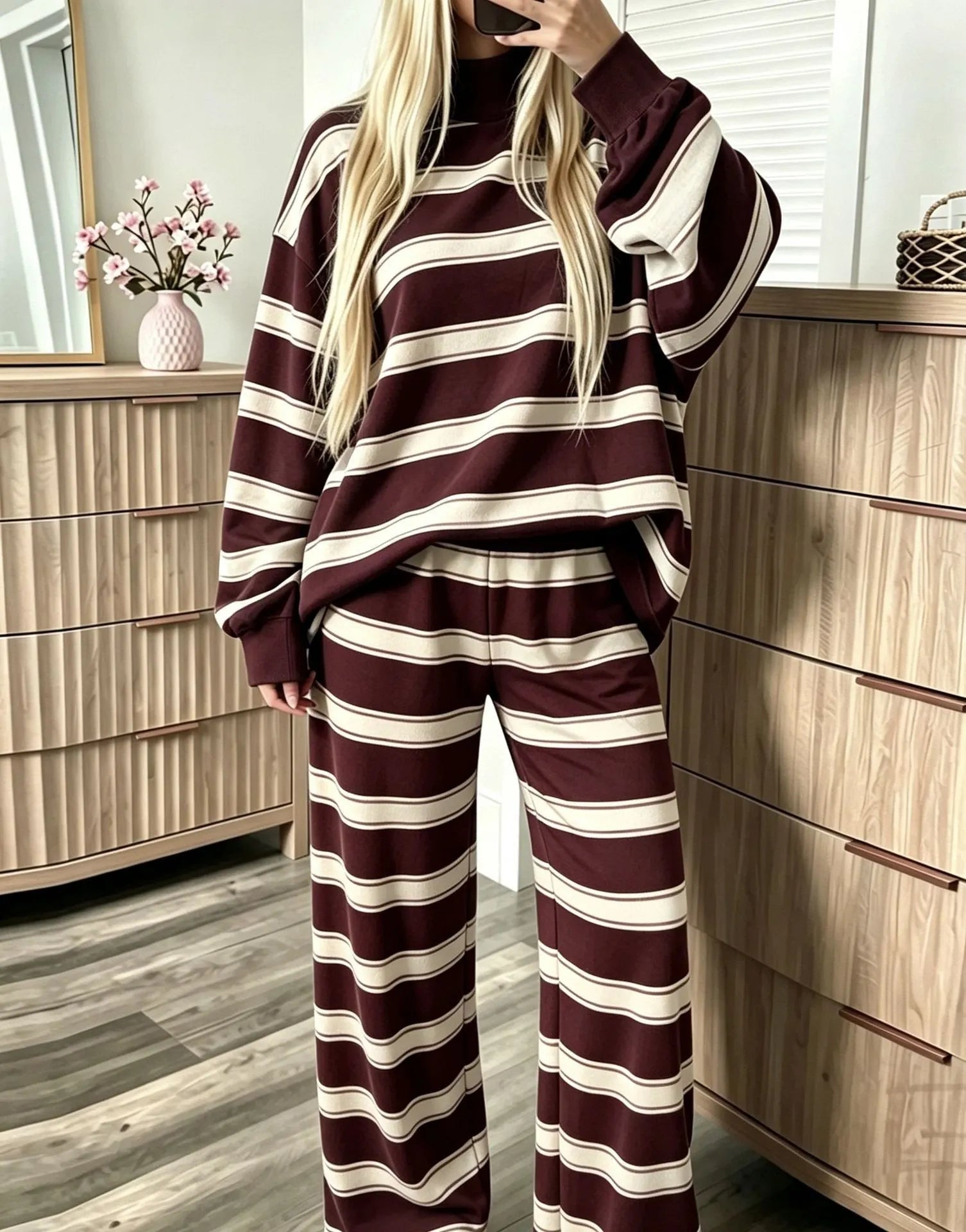 Casual Striped Matching Two Piece Set, Cozy Mock Neck Sweatshirt and Wide Leg Trousers