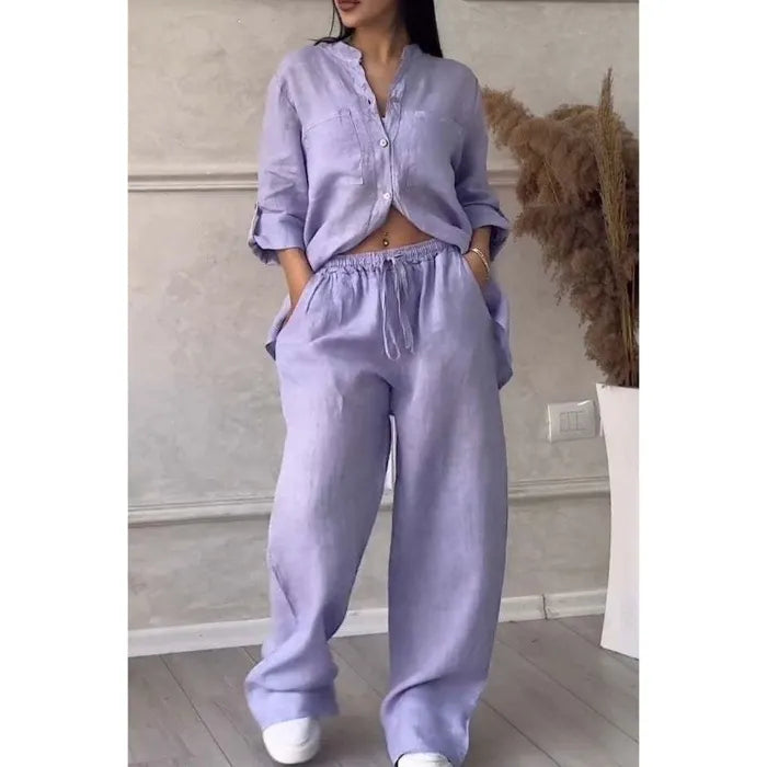 Green Linen-Blend Button-Down Shirt & Wide-Leg Pants Set