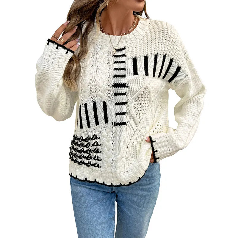 Contrast Cable Knit Round Neck Pullover Sweater