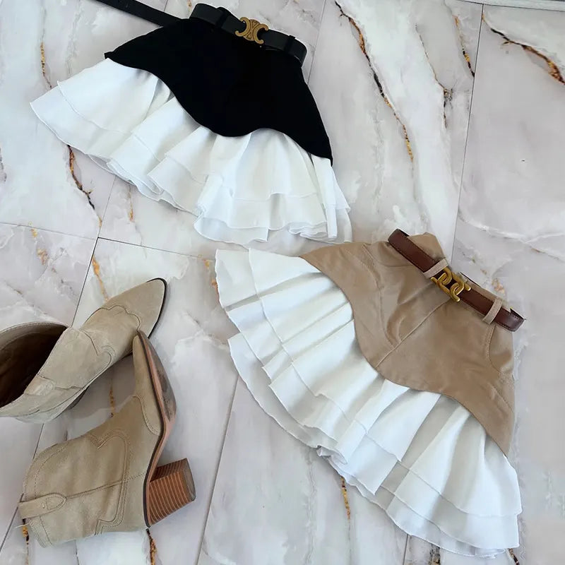 Contrast Color Block Ruffle Mini Skirt