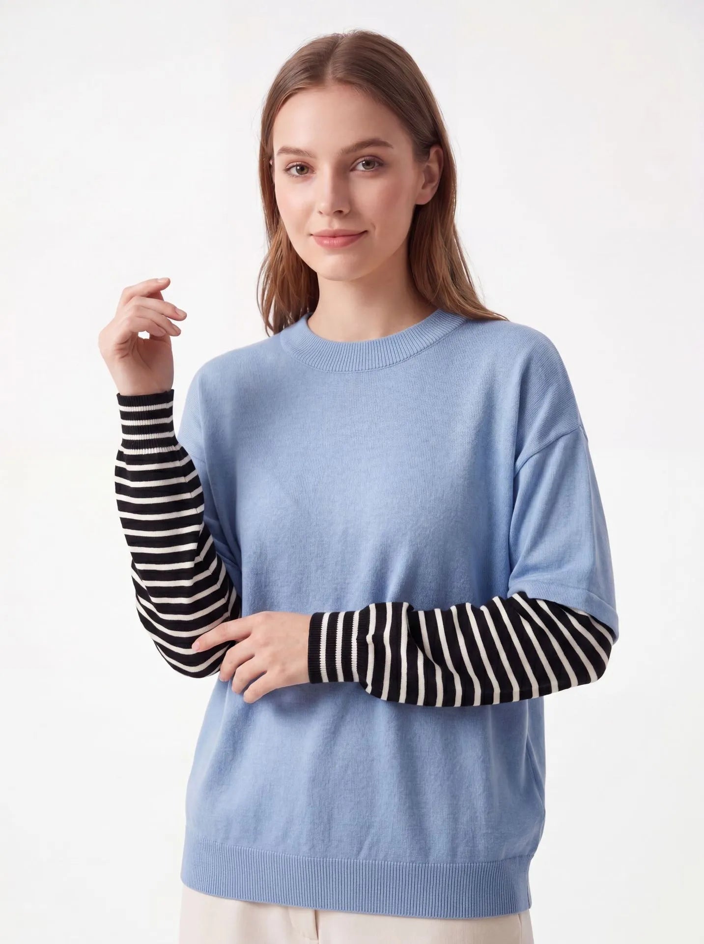 Color Block Stripe Cuff Round Neck Loose Knit Pullover Sweater