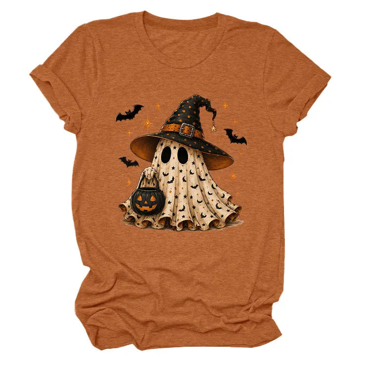 Halloween Ghost Witch Bat Print Crew Neck Short Sleeve T‑Shirt