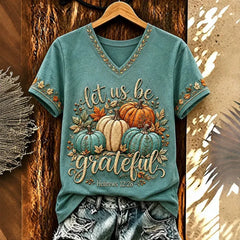 Halloween Pumpkin Letter Graphic V‑Neck Short Sleeve T‑Shirt