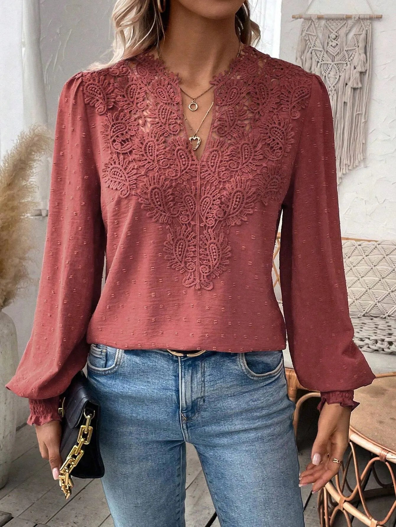 Lace V Neck Puff Sleeve Blouse