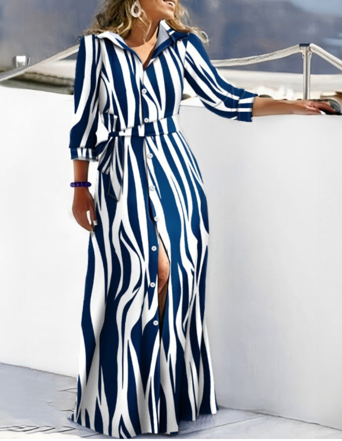 Geometric Print Belted Long Sleeve Maxi Shirt Dress
