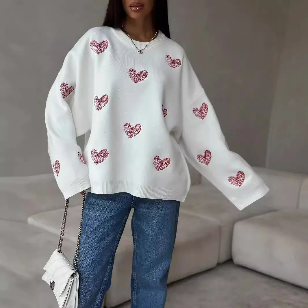 Cozy Heart Embroidered Oversized Sweater, White Round Neck Long Sleeve Casual Autumn Top
