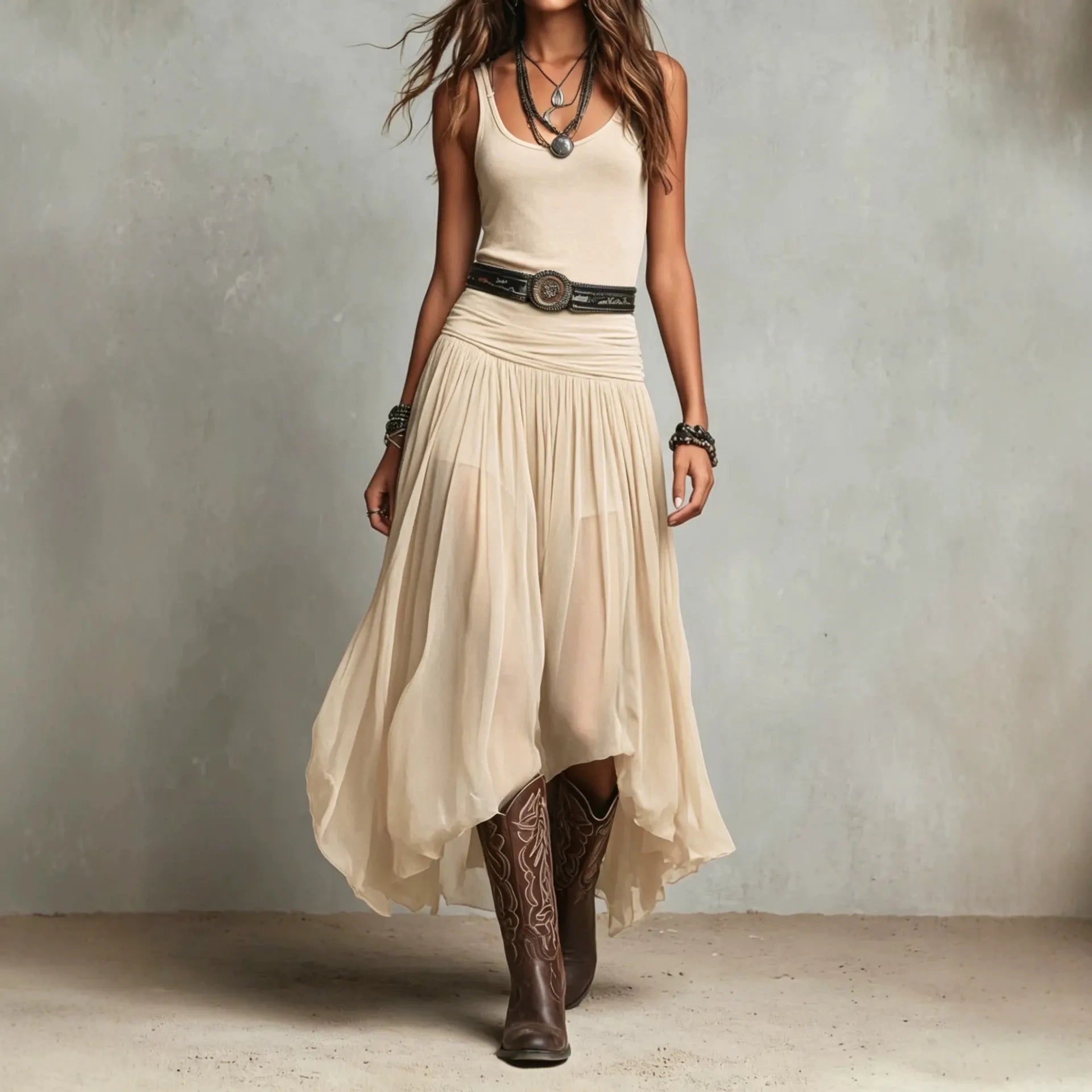 Solid Sleeveless Low Neck Mid Waist Mesh Spliced Irregular A-Line Maxi Dress