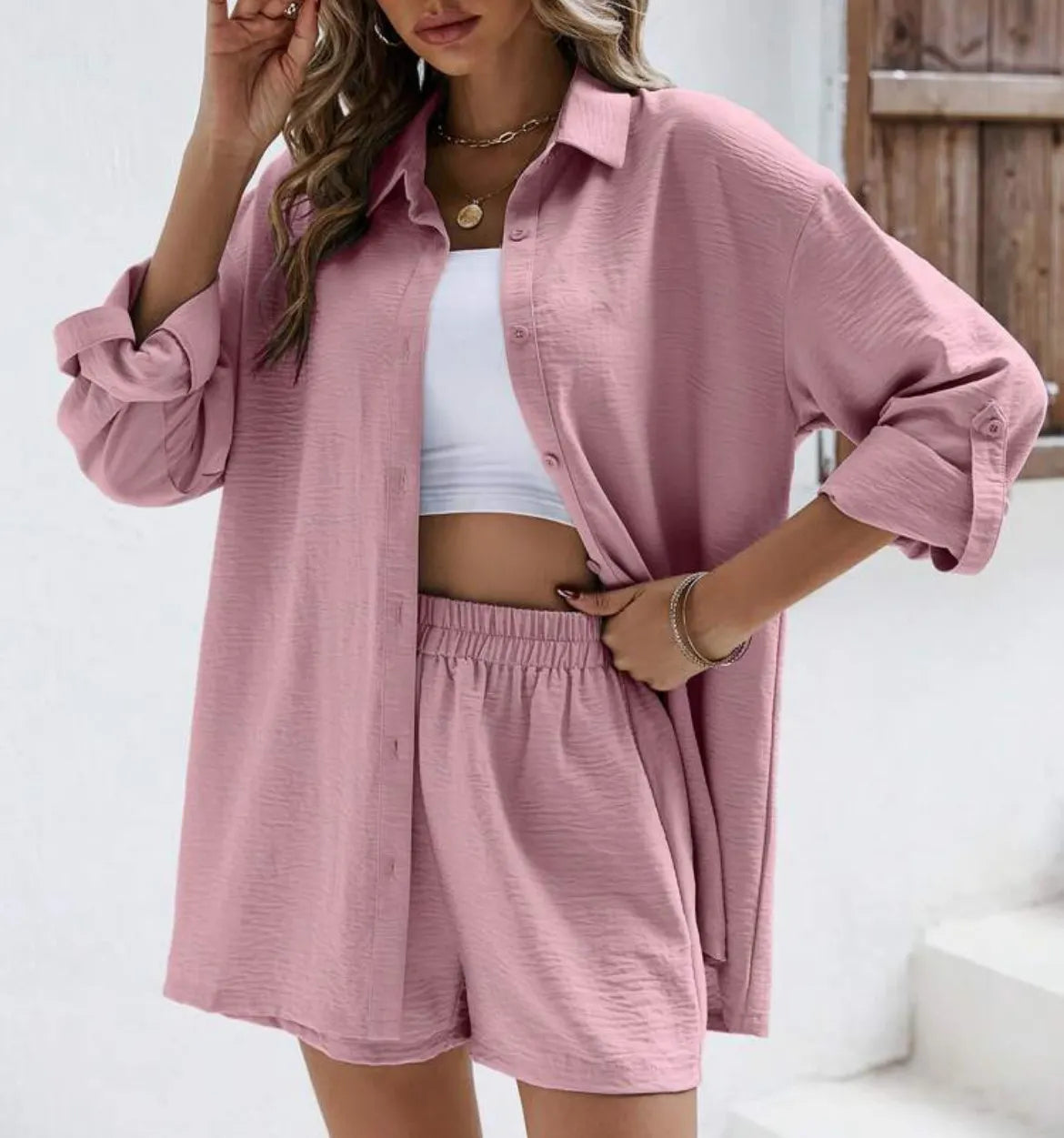 Loose Button Down Shirt & High Waist Shorts Outfit