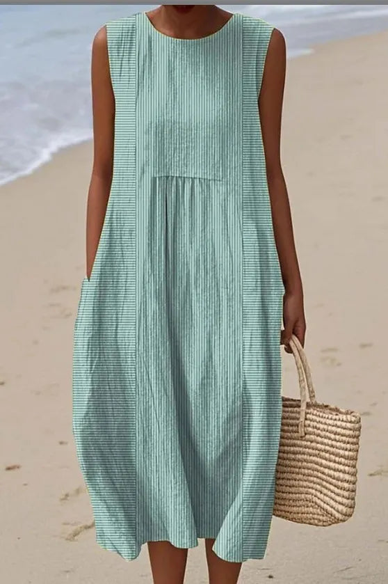 Round Neck Sleeveless 3D Floral Print Loose A-Line Midi Dress