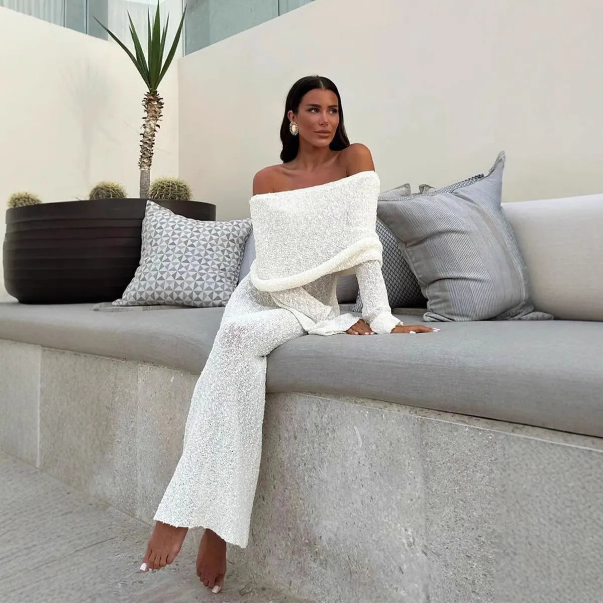 Pink Sequin Off-Shoulder Long Sleeve Midi Dress