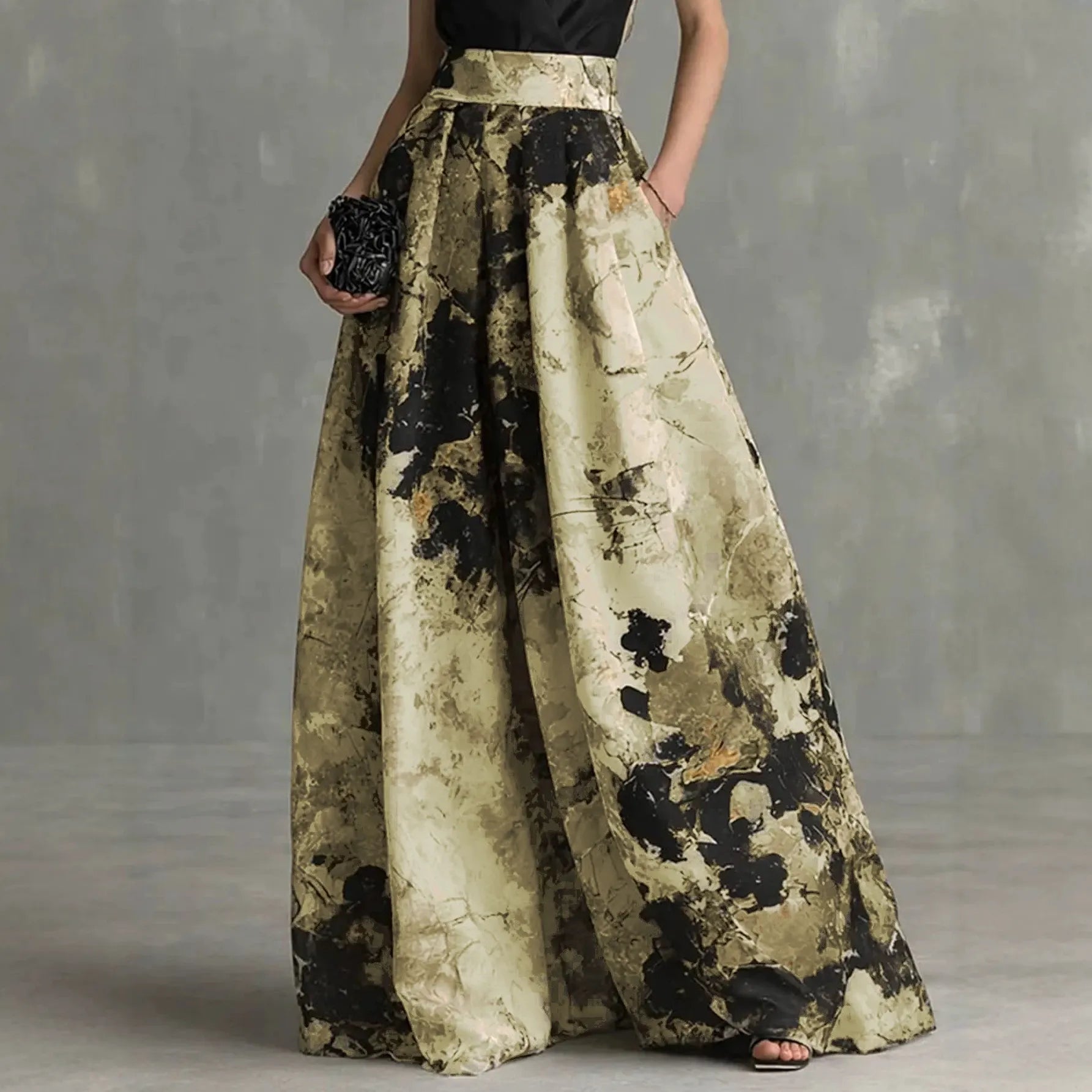 Vintage Ink Painting Print Wide Leg Maxi Skirt, High Waist Formal Party Long Skirt