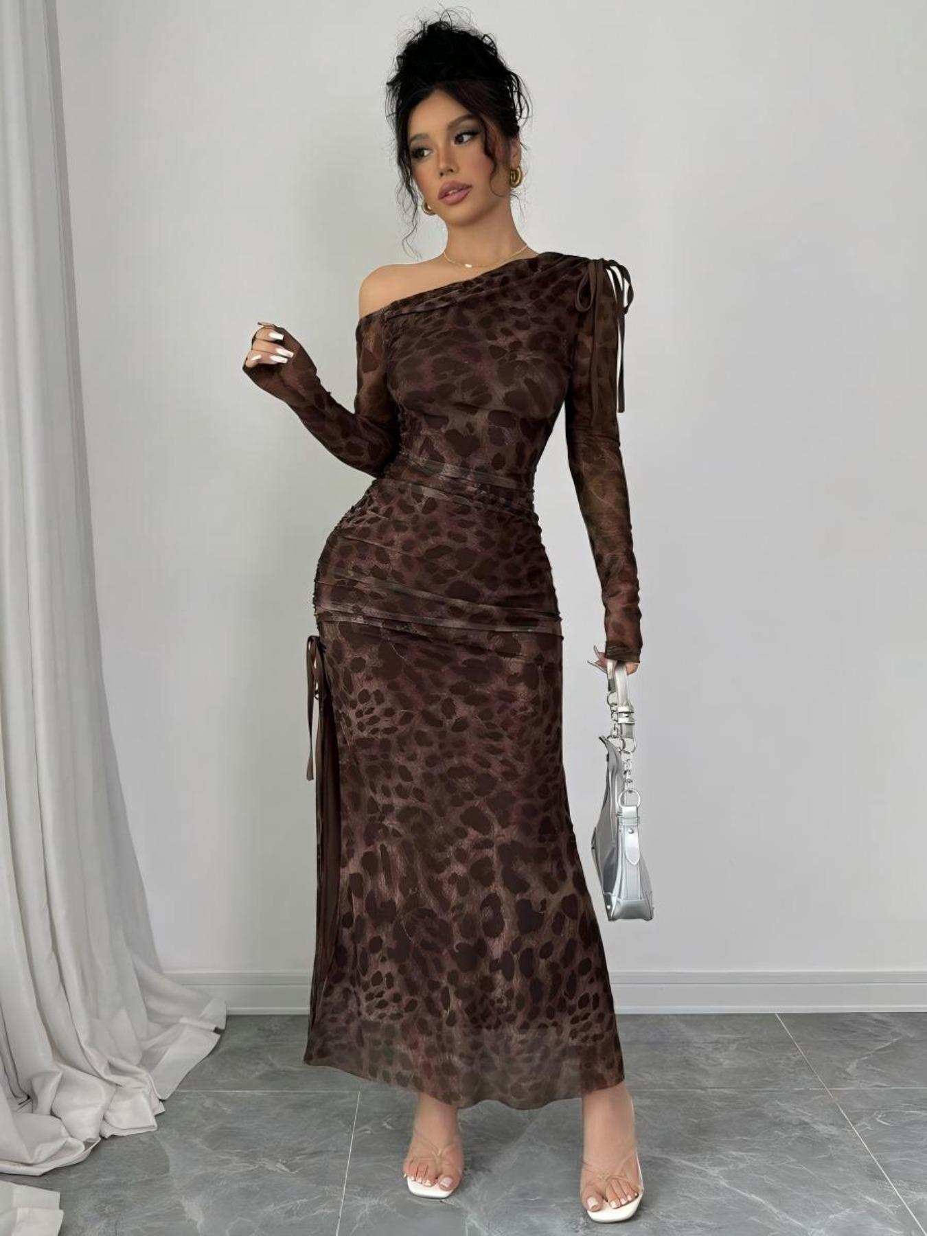 Leopard Print Off-Shoulder Ruched High Slit Long Sleeve Maxi Dress