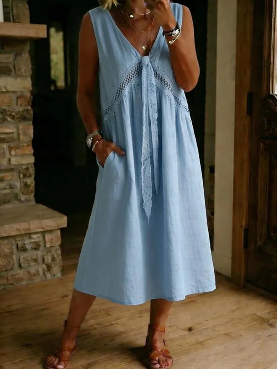 V-Neck Lace Tie Spliced Sleeveless Loose Midi Dress