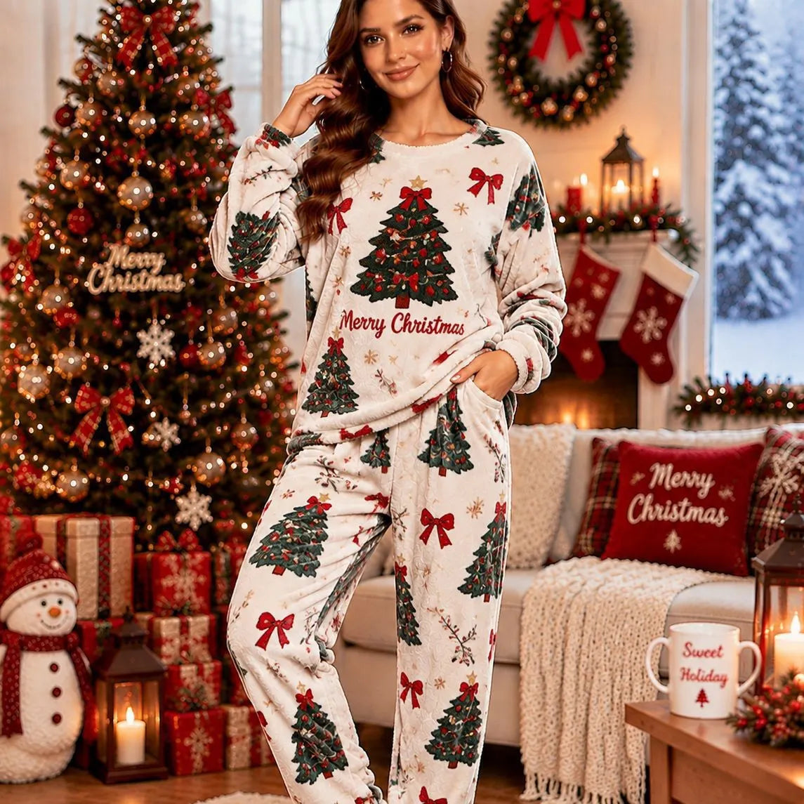 Cute Christmas Snowman Fleece Loungewear Set Round Neck Long Sleeve Top & Elastic Waist Full Length Pants