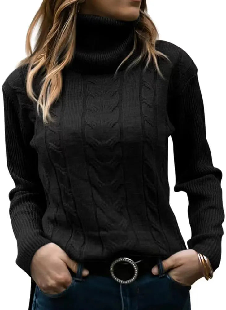 Thick Cable Knit Turtleneck Sweater, Classic Warm Long Sleeve Winter Jumper