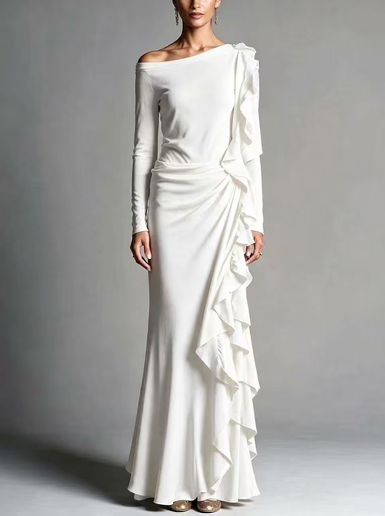 White Off Shoulder Long Sleeve Mermaid Maxi Dress With Cascading Ruffles
