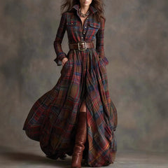 Vintage Western Tartan Plaid Maxi Dress for Collared Long Sleeve Flowy A Line Shirt Dress
