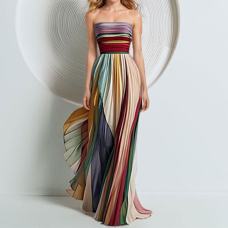 Color Block Strapless High Waist Pleated Maxi Dress