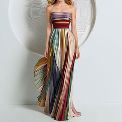 Color Block Strapless High Waist Pleated Maxi Dress