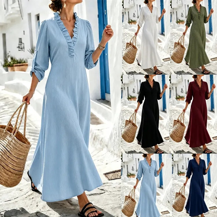 Light Blue Ruffled V-Neck Roll Tab Sleeve Maxi Dress