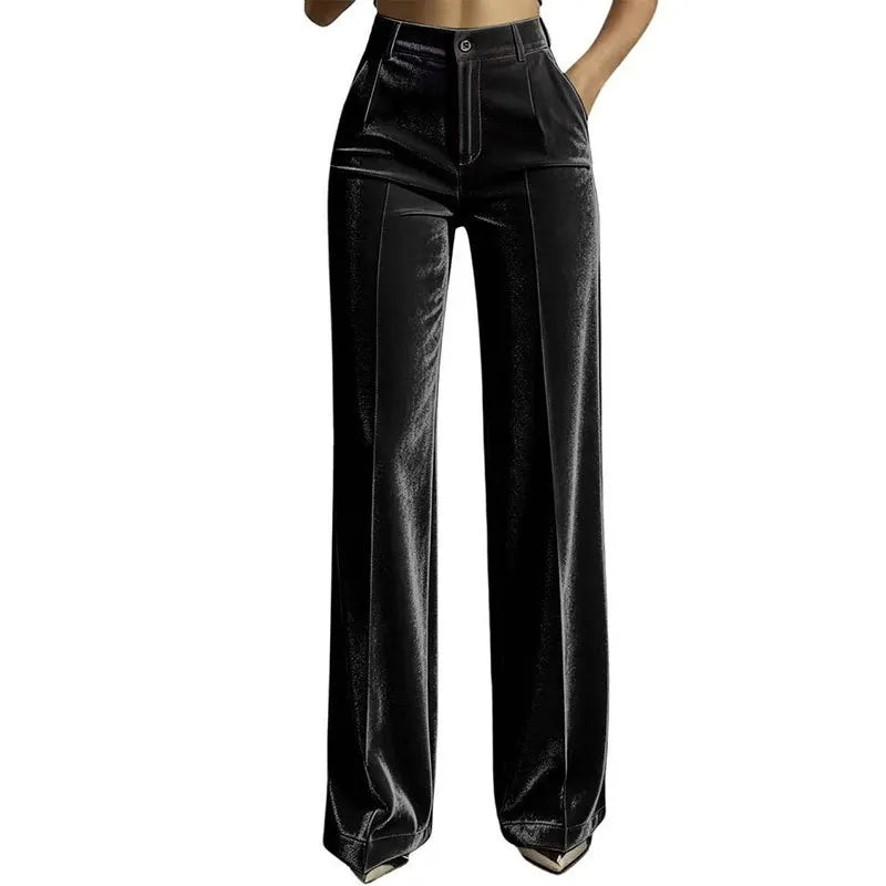Mid-High Waist Golden Velvet Straight Leg Suit Pants