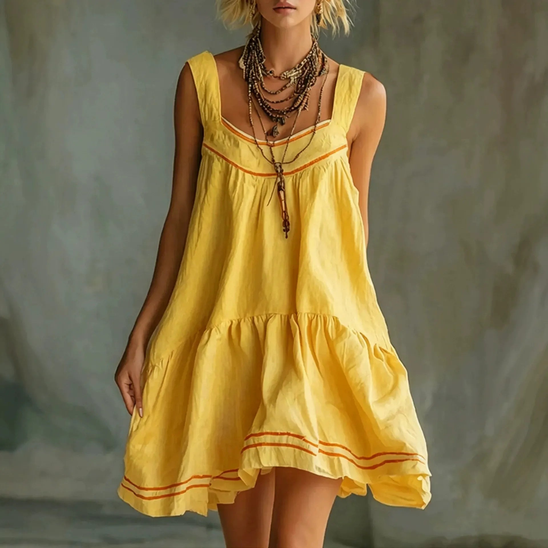 Color Stripe U-Neck Sleeveless Loose Tiered Ruffle Mini Sundress