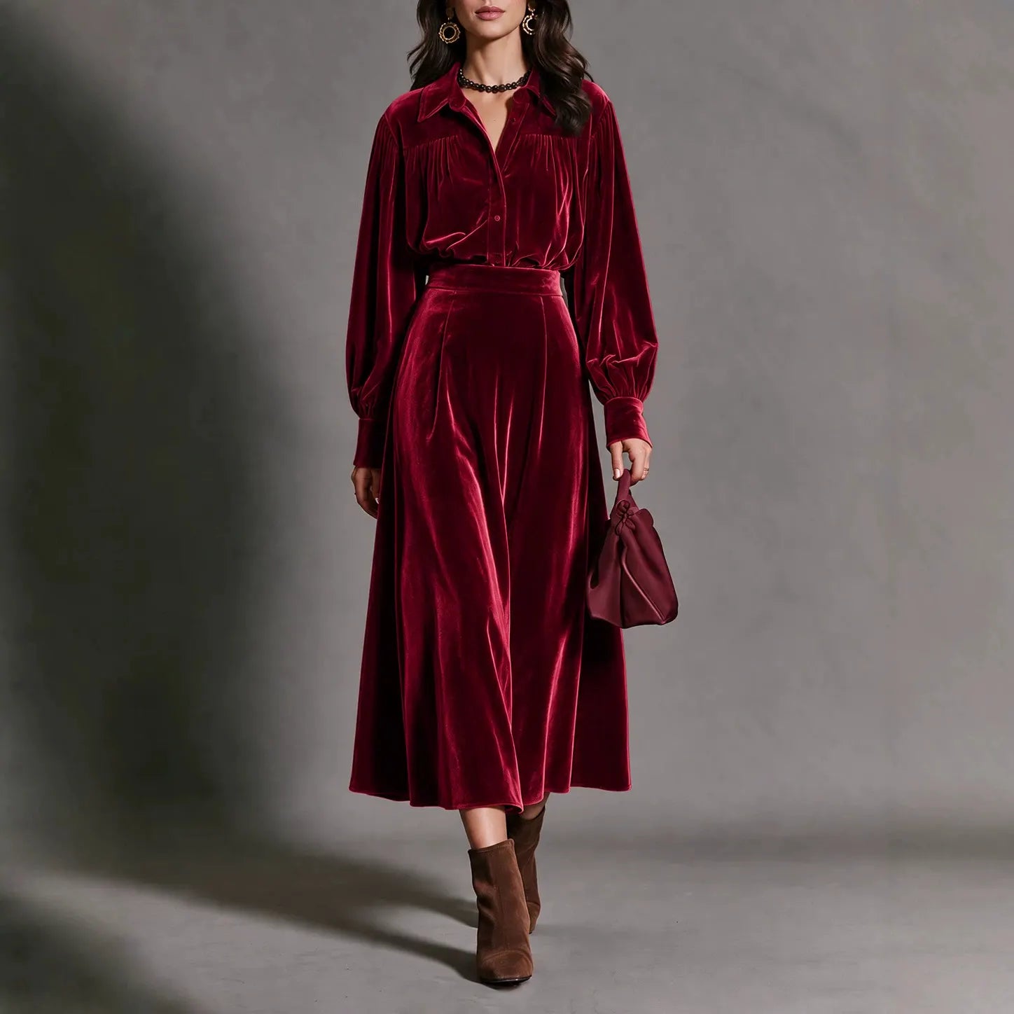 Purple Velvet Matching Set, Puff Sleeve Shirt and Flowy Midi Skirt
