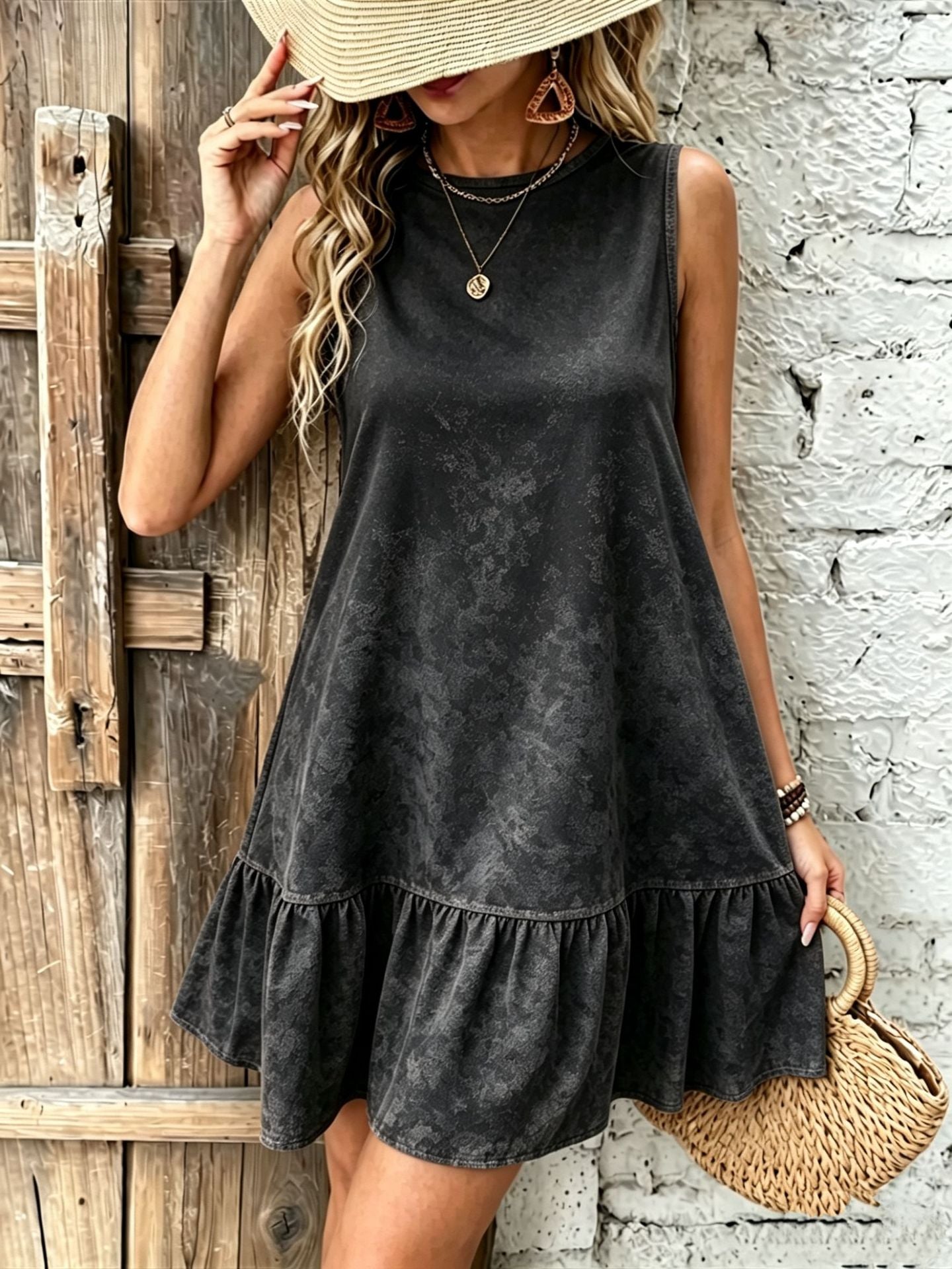 Green Gradient Round Neck Sleeveless Ruffle Hem Mini Dress