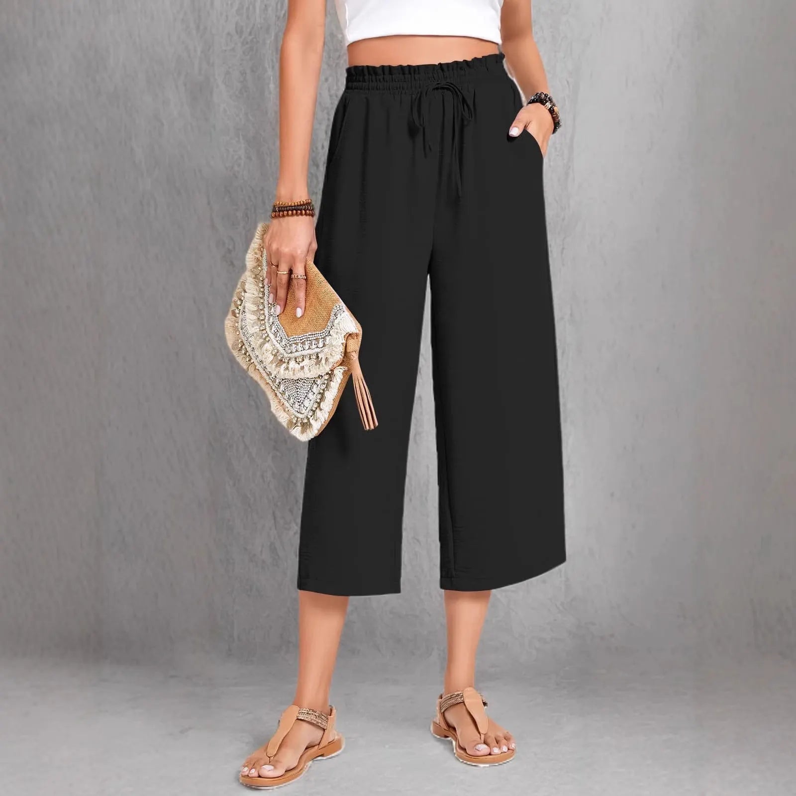 Matching Flowy Linen Look Floral Print Drawstring High Waist Loose Cropped Casual Daily Outfit Pants