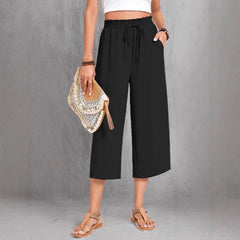 Matching Flowy Linen Look Floral Print Drawstring High Waist Loose Cropped Casual Daily Outfit Pants