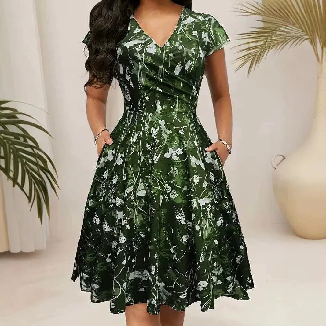 Round Neck Floral Print High Waist Flare Midi Dress