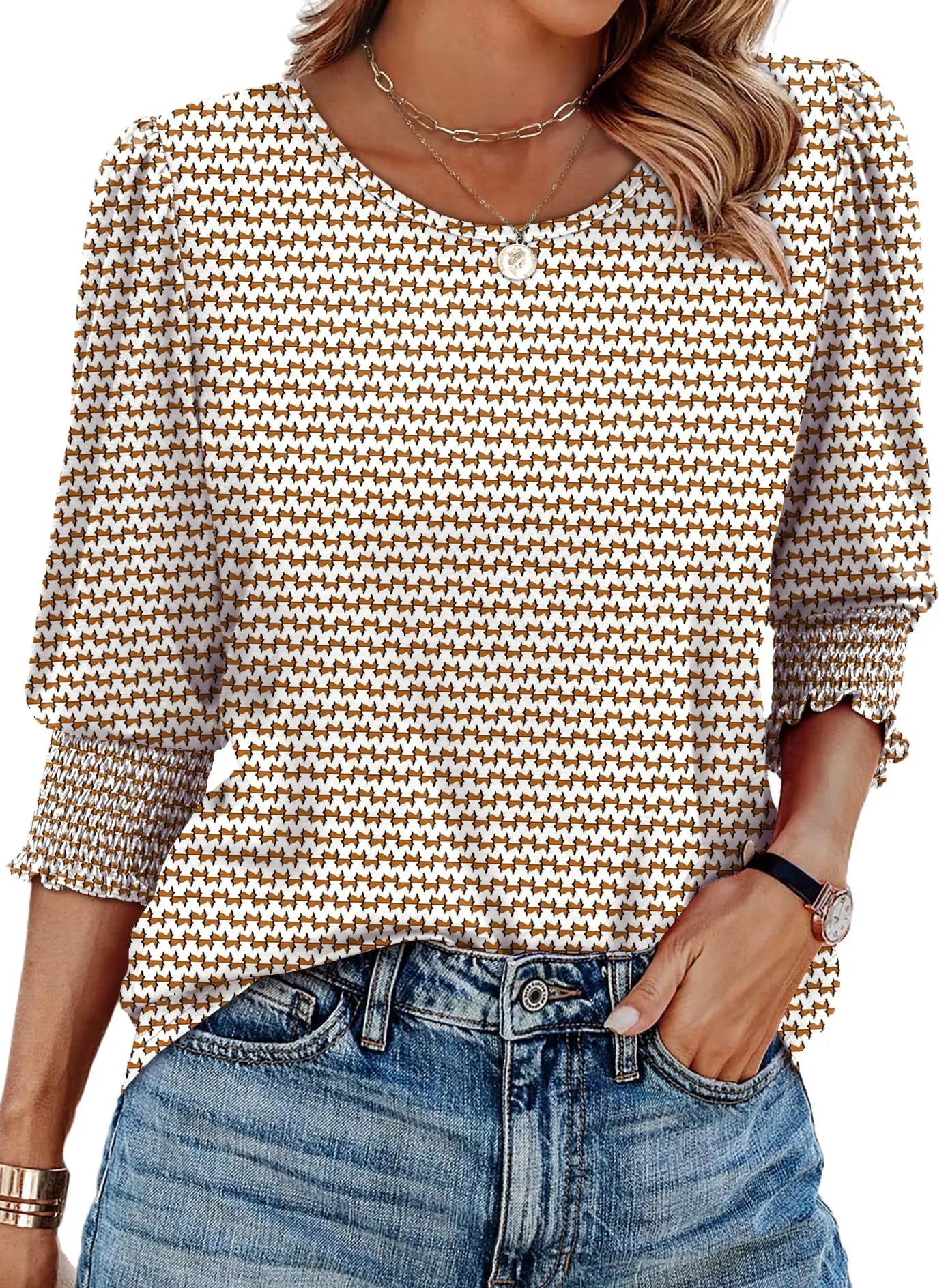 Puff Sleeve Smocked Cuff Half Sleeve T-Shirt