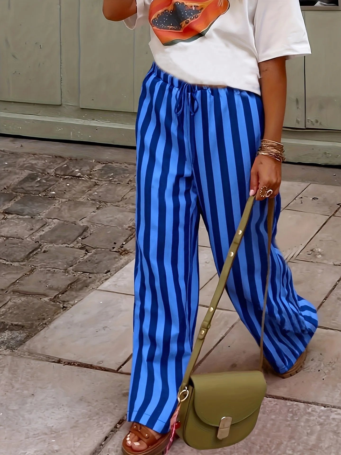 Vertical Stripe Drawstring Wide Leg Casual Pants
