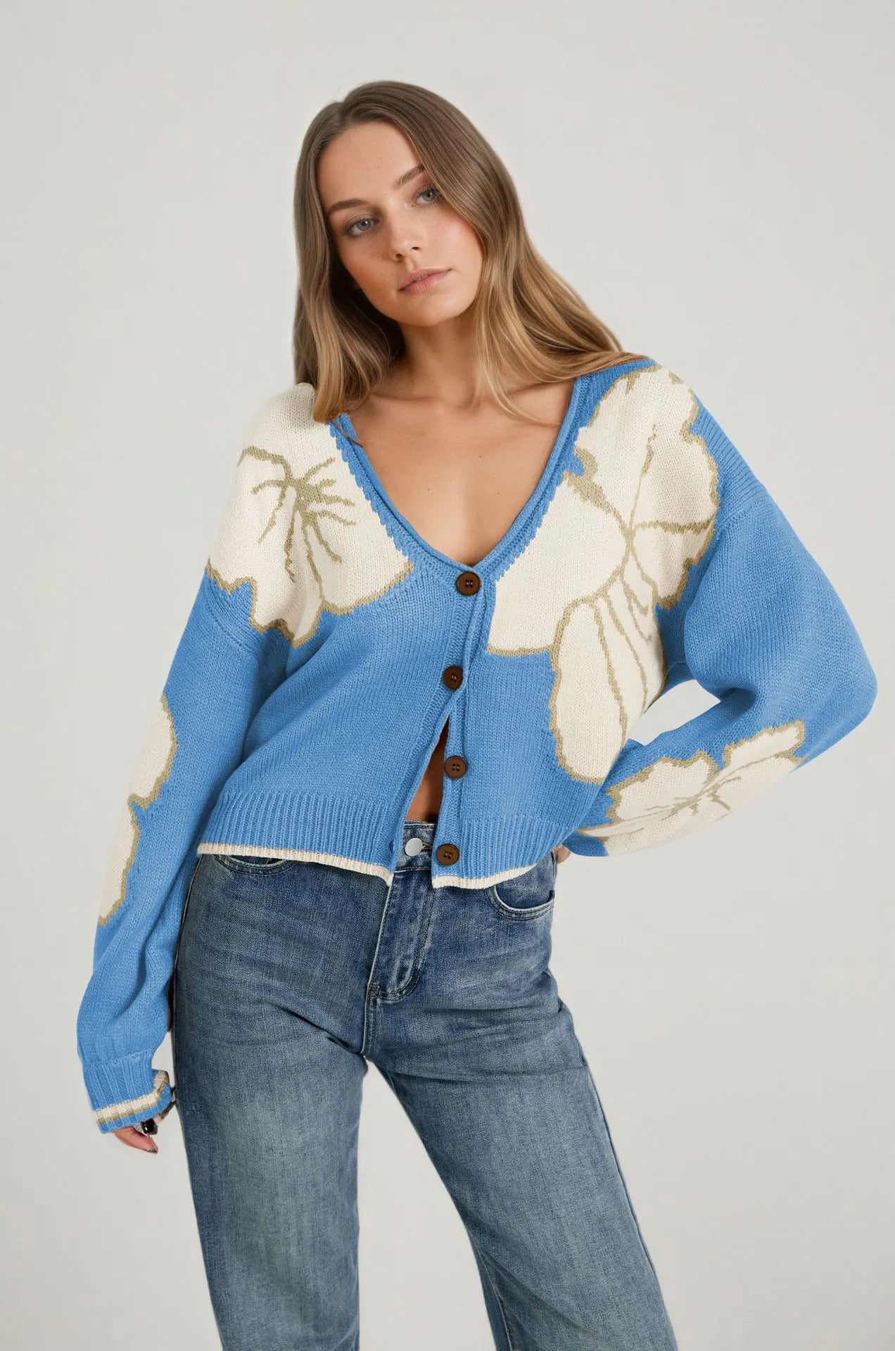 Oversized Floral Print Knit Cardigan Vintage Big Flower Long Sleeve Button Front Top