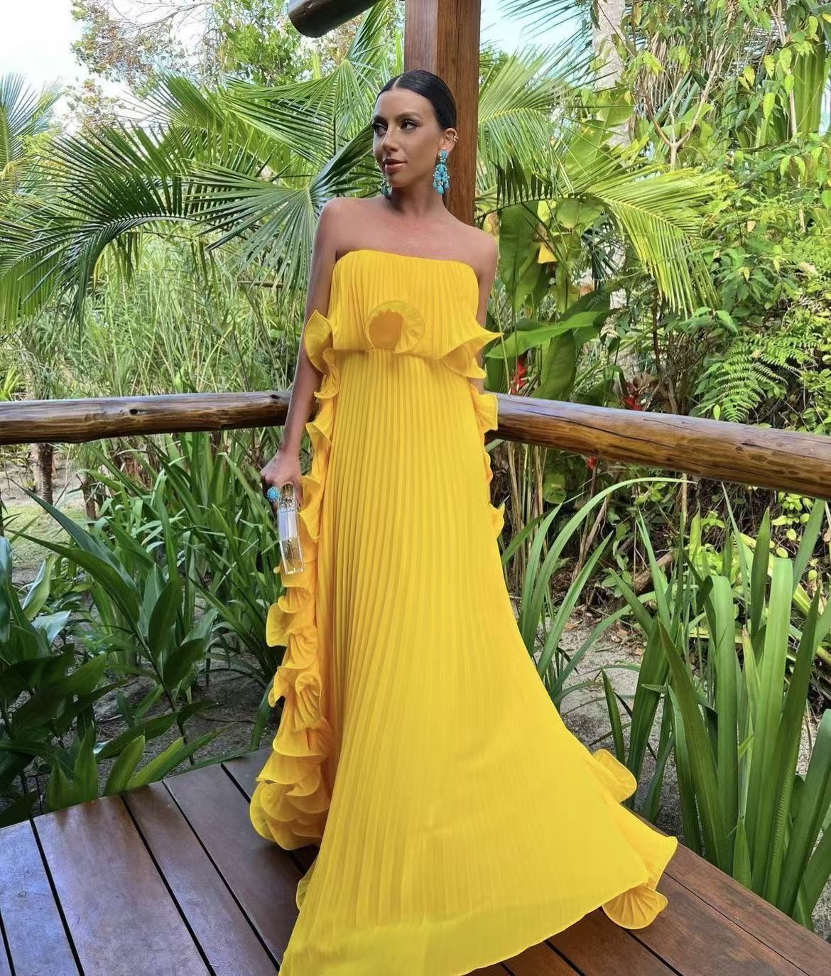 Strapless Ruffle Pleated Maxi Evening Dress