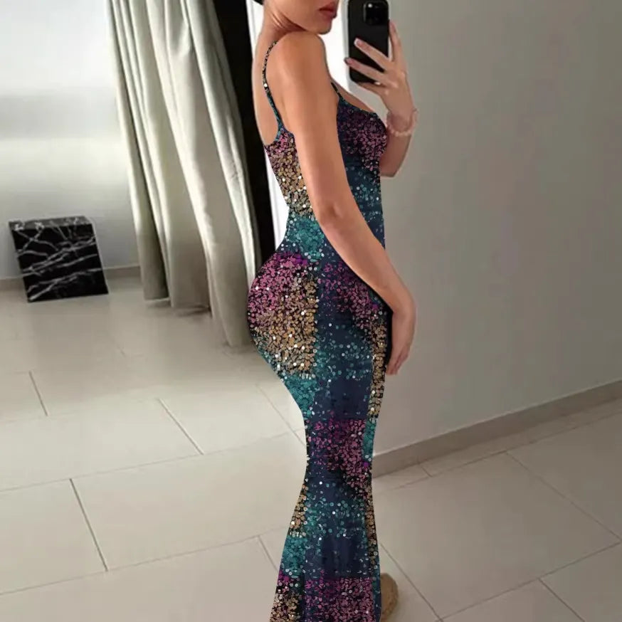 Gradient Sequin Spaghetti Strap Mermaid Maxi Dress, Square Neck Bodycon Evening Party Gown