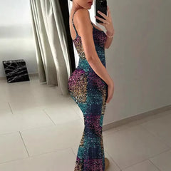 Gradient Sequin Spaghetti Strap Mermaid Maxi Dress, Square Neck Bodycon Evening Party Gown