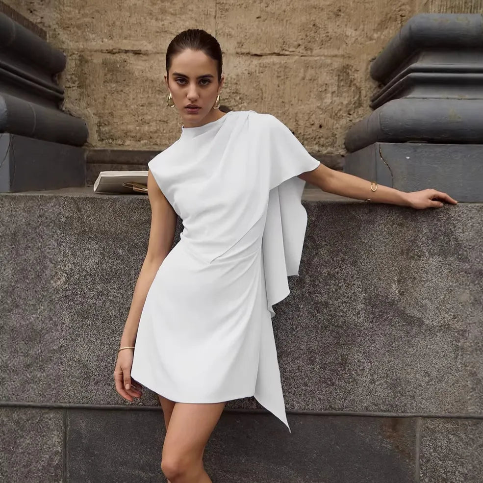 Solid Draped Mock Neck Sleeveless Asymmetric Ruffle Mini Dress