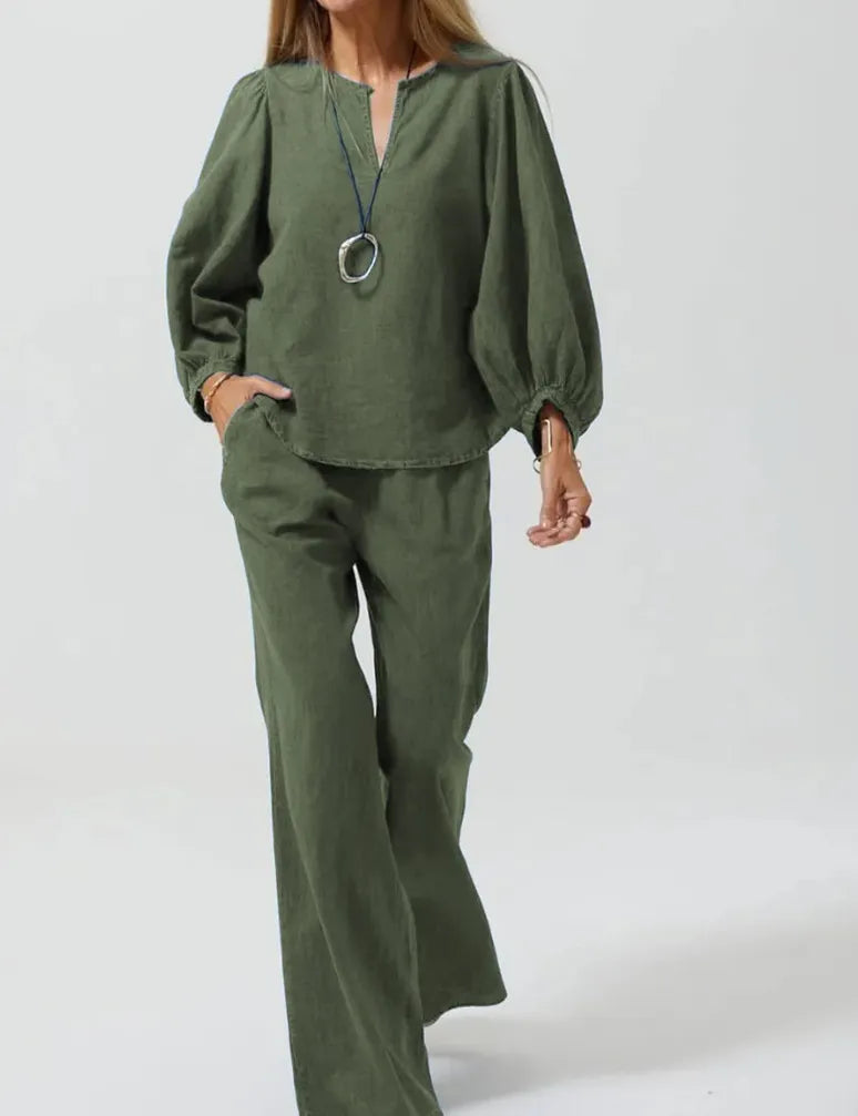 V-Neck Puff Sleeve Top & Wide Leg Pants Solid Two-Piece Casual Set